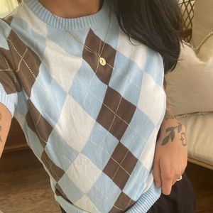Vintage Y2K J.Crew Blue and brown Argyle print short sleeve shirt size xs